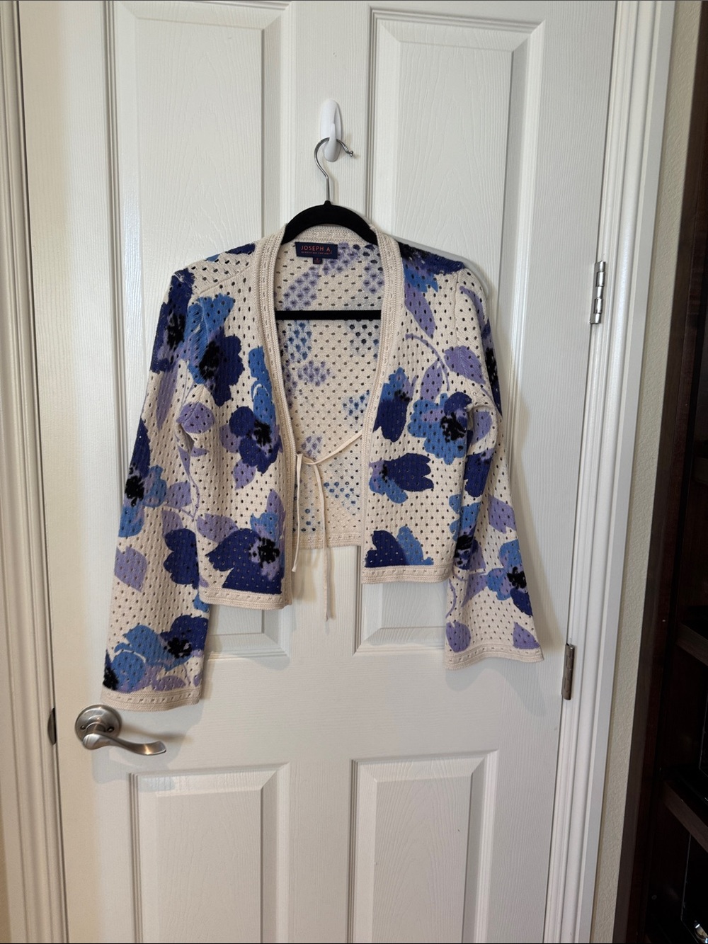 Joseph Floral Crochet Tie-Front Blazer in Cream and Blue